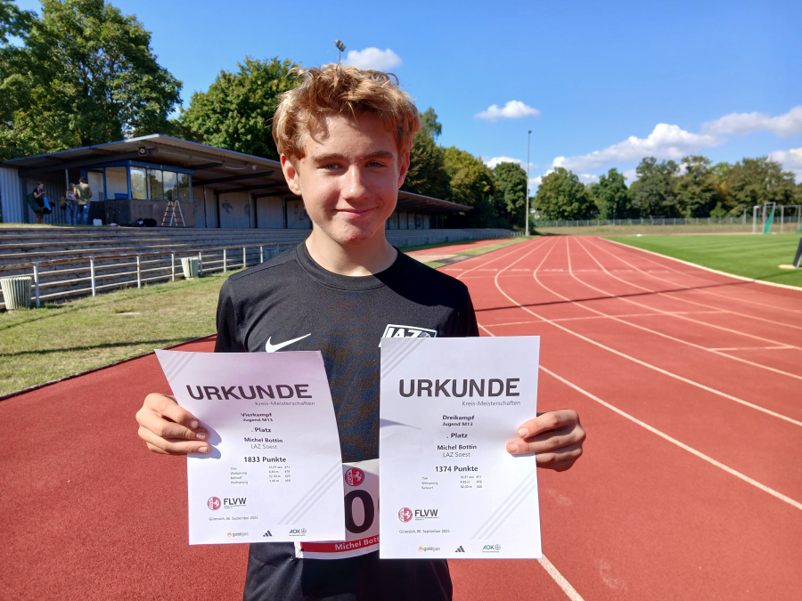 Zwar außerhalb der Wertung, aber dennoch zwei Mal der Beste: M13-Sportler Michel Bottin vom LAZ Soest stellte bei den Gütersloher Kreismehrkampfmeisterschaften neue persönliche Rekorde im Drei- und Vierkampf auf. Foto: Bottin
